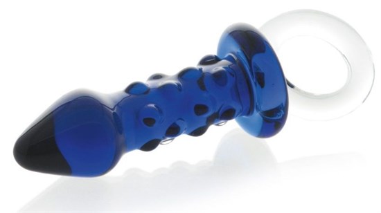 Синяя стеклянная анальная втулка с ручкой-кольцом - 16 см. - фото 135402