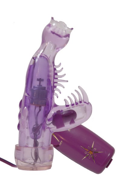 Фиолетовый мини-вибратор со стимулятором клитора - 13 см. - фото 137013