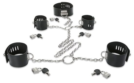 Набор для фиксации: наручники, оковы и ошейник, соединённые цепями и кольцами - фото 144710