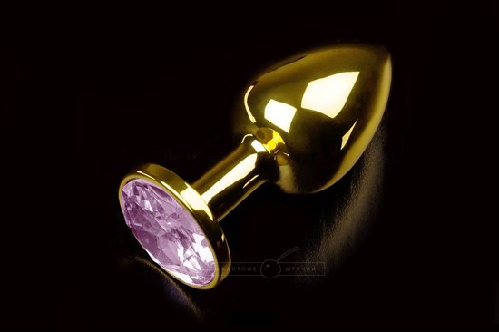Маленькая золотистая анальная пробка с круглым кончиком и розовым кристаллом - 7 см. - фото 144766