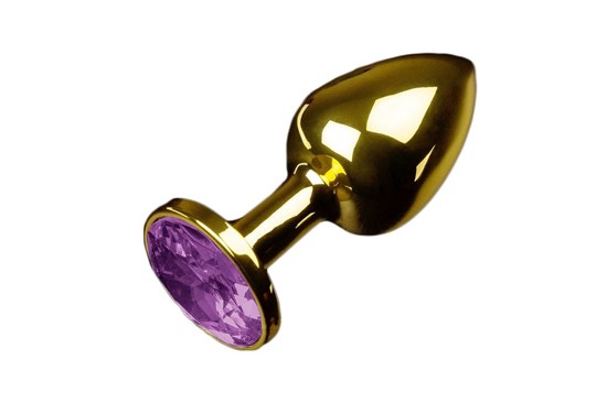Маленькая золотистая анальная пробка с круглым кончиком и фиолетовым кристаллом - 7 см. - фото 144768