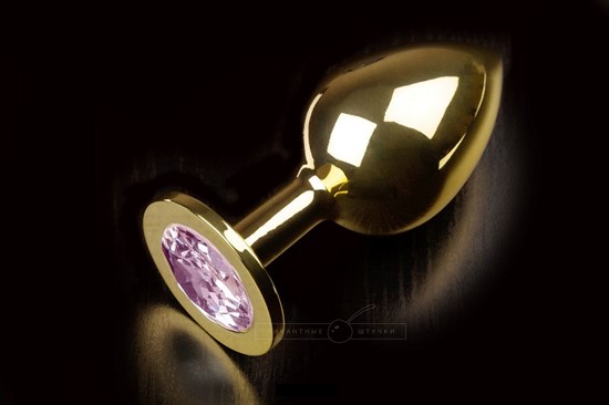 Большая золотая анальная пробка с закругленным кончиком и розовым кристаллом - 9 см. - фото 144775