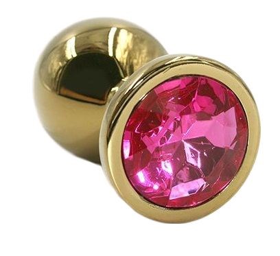 Золотистая алюминиевая анальная пробка с ярко-розовым кристаллом - 6 см. - фото 149070