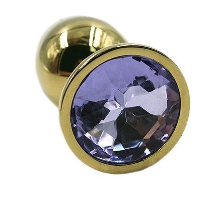 Золотистая алюминиевая анальная пробка с светло-фиолетовым кристаллом - 6 см. - фото 149081