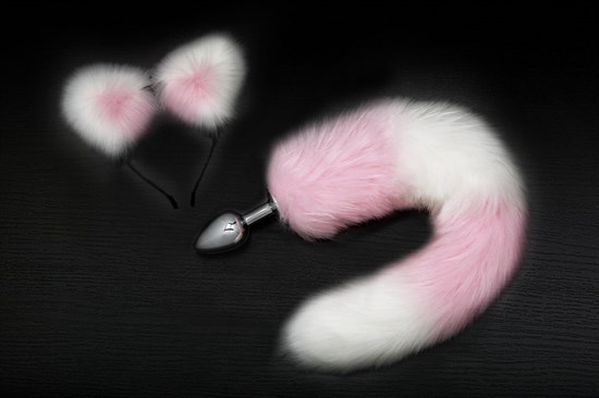 Серебристая анальная пробка с розово-белым хвостиком и ободком-ушками - фото 160653