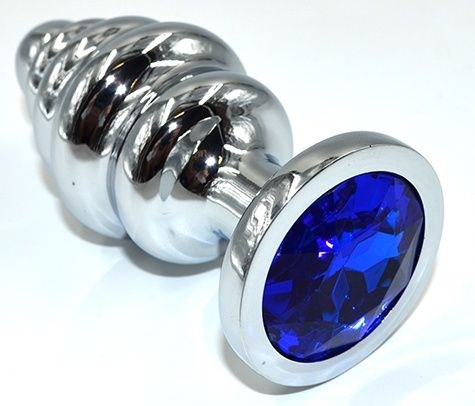 Серебристая анальная пробка из нержавеющей стали с синим кристаллом - 8,8 см.  - фото 161336