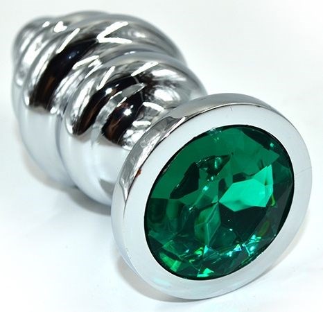 Серебристая анальная пробка из нержавеющей стали с зеленым кристаллом - 8,8 см.  - фото 161337