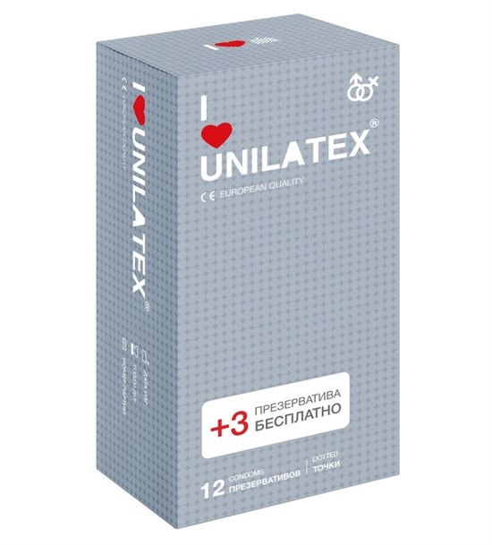 Презервативы с точками Unilatex Dotted - 12 шт. + 3 шт. в подарок - фото 170082