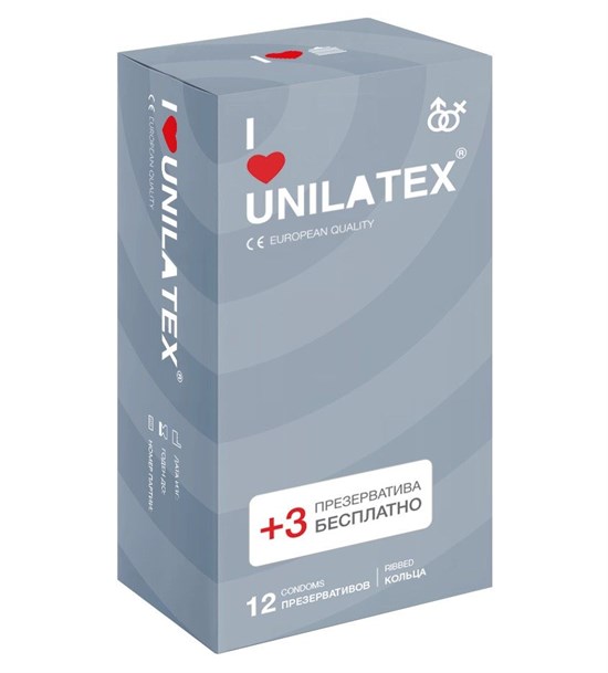 Презервативы с рёбрами Unilatex Ribbed - 12 шт. + 3 шт. в подарок - фото 170084