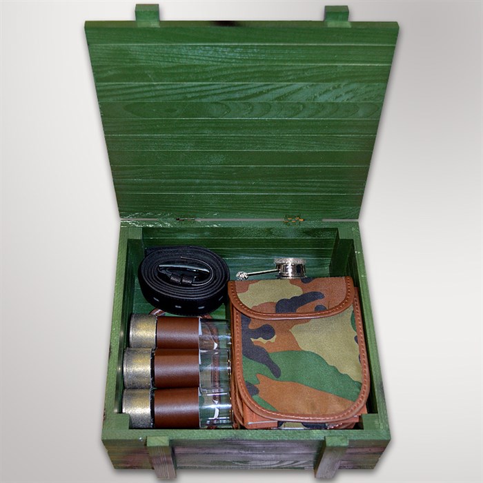 Подарочный набор Охота «Патронташ охотничий №4» | фляжка в деревянном коробе - фото 331816
