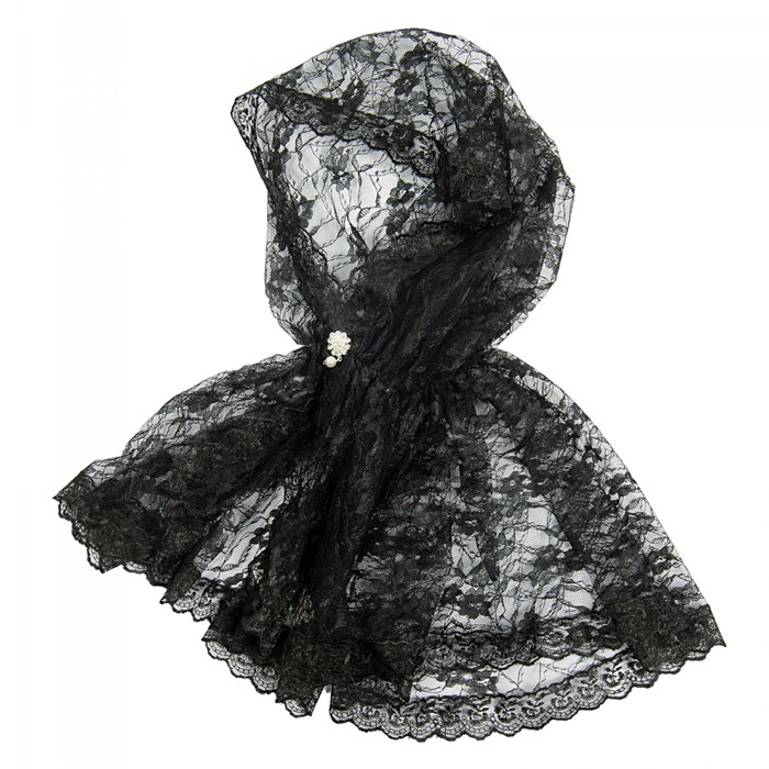 Ниспадающий платок на голову для храма черный | Накидка-капюшон из ажурного гипюра, брошь в подарок