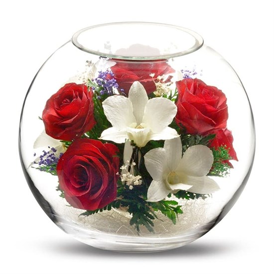 Стабилизированные цветы в стекле "Влечение" | композиция из роз и орхидей в вакууме
