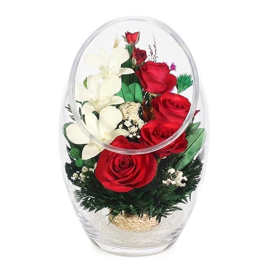 Стабилизированные цветы в колбе "Восторг" | композиция из красных роз и орхидей в вакууме