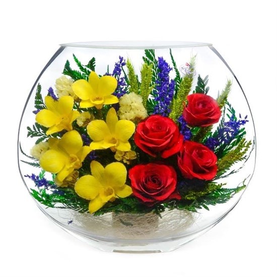 Стабилизированные цветы в стекле "Медок" | композиция из красных роз и желтых орхидей в вакууме