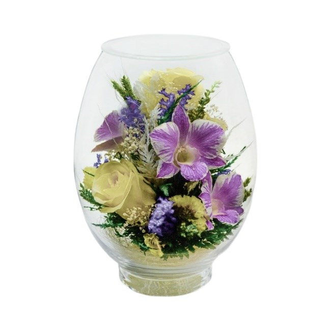 Стабилизированные цветы в колбе "Серенада" | композиция из желтых роз и орхидей в вакууме